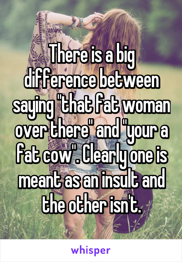 There is a big difference between saying "that fat woman over there" and "your a fat cow". Clearly one is meant as an insult and the other isn't.