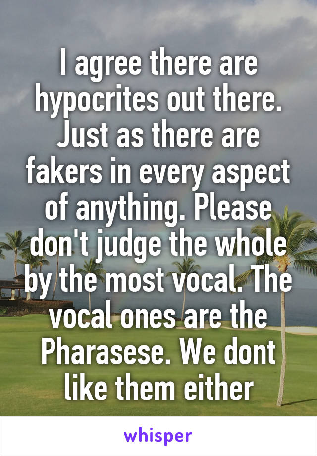 I agree there are hypocrites out there. Just as there are fakers in every aspect of anything. Please don't judge the whole by the most vocal. The vocal ones are the Pharasese. We dont like them either
