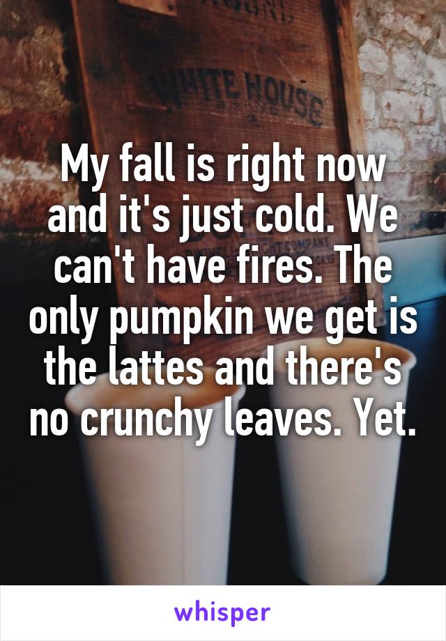 My fall is right now and it's just cold. We can't have fires. The only pumpkin we get is the lattes and there's no crunchy leaves. Yet. 