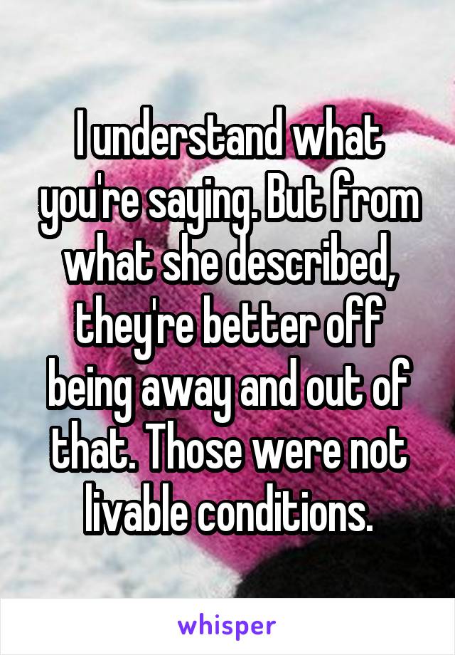 I understand what you're saying. But from what she described, they're better off being away and out of that. Those were not livable conditions.