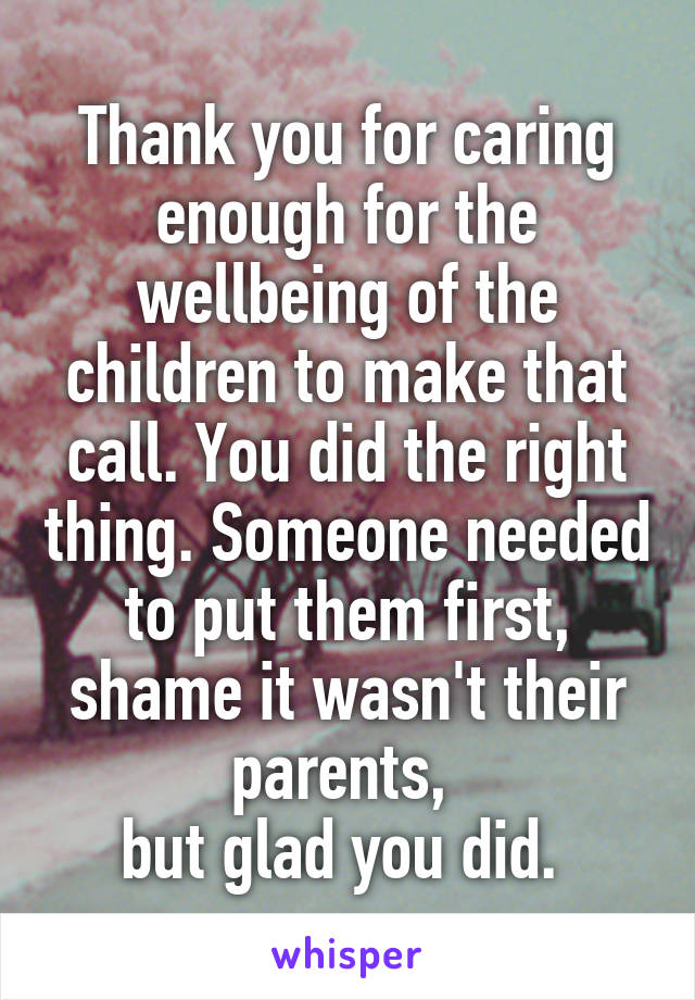 Thank you for caring enough for the wellbeing of the children to make that call. You did the right thing. Someone needed to put them first, shame it wasn't their parents, 
but glad you did. 