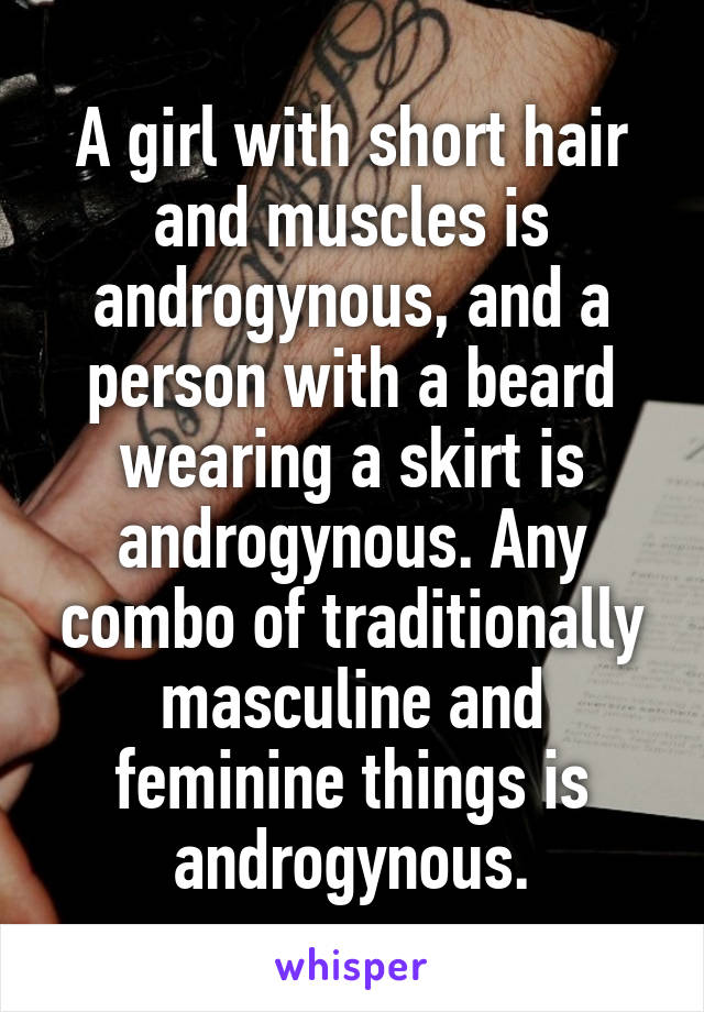 A girl with short hair and muscles is androgynous, and a person with a beard wearing a skirt is androgynous. Any combo of traditionally masculine and feminine things is androgynous.