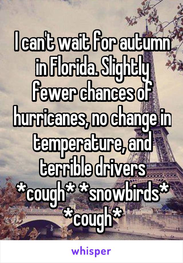 I can't wait for autumn in Florida. Slightly fewer chances of hurricanes, no change in temperature, and terrible drivers *cough* *snowbirds* *cough*