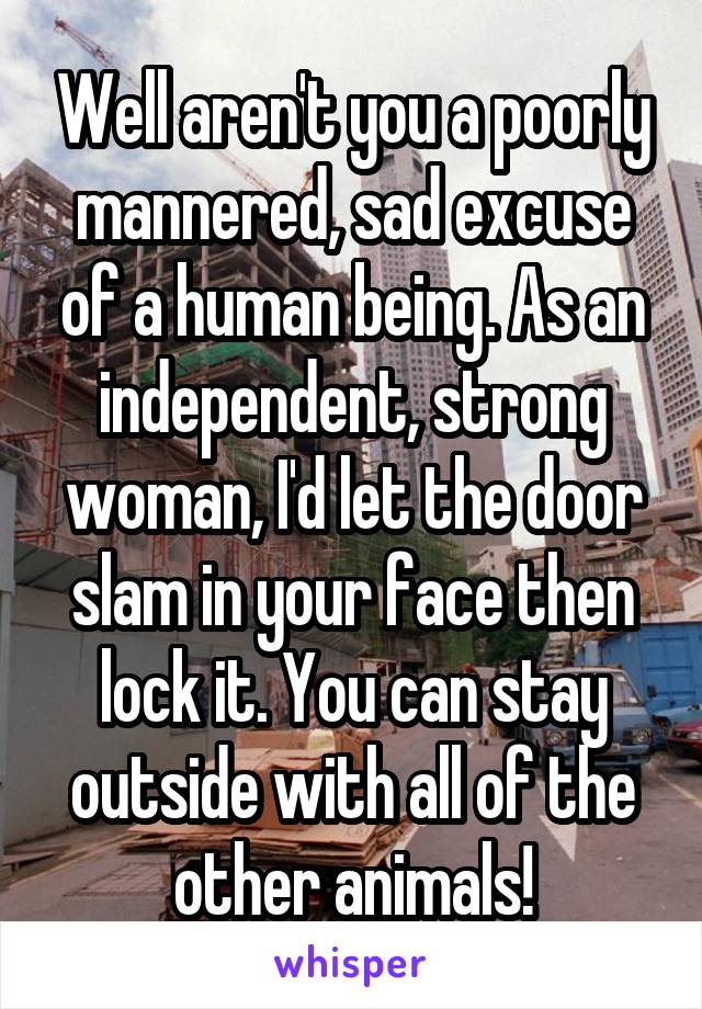 Well aren't you a poorly mannered, sad excuse of a human being. As an independent, strong woman, I'd let the door slam in your face then lock it. You can stay outside with all of the other animals!