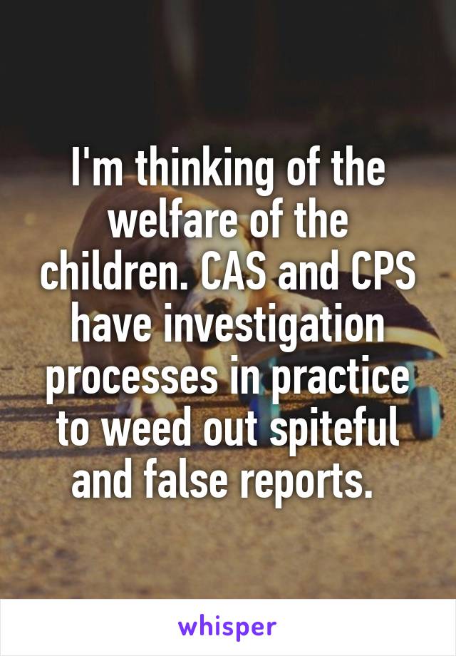 I'm thinking of the welfare of the children. CAS and CPS have investigation processes in practice to weed out spiteful and false reports. 