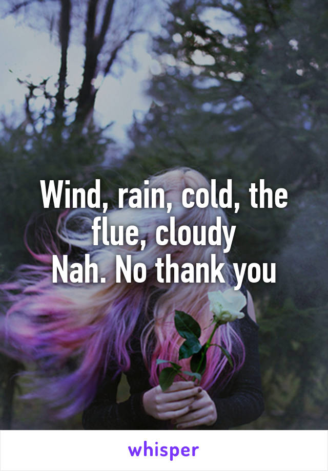Wind, rain, cold, the flue, cloudy
Nah. No thank you