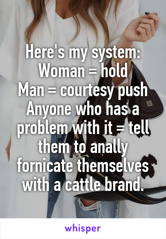 Here's my system:
Woman = hold
Man = courtesy push
Anyone who has a problem with it = tell them to anally fornicate themselves with a cattle brand.