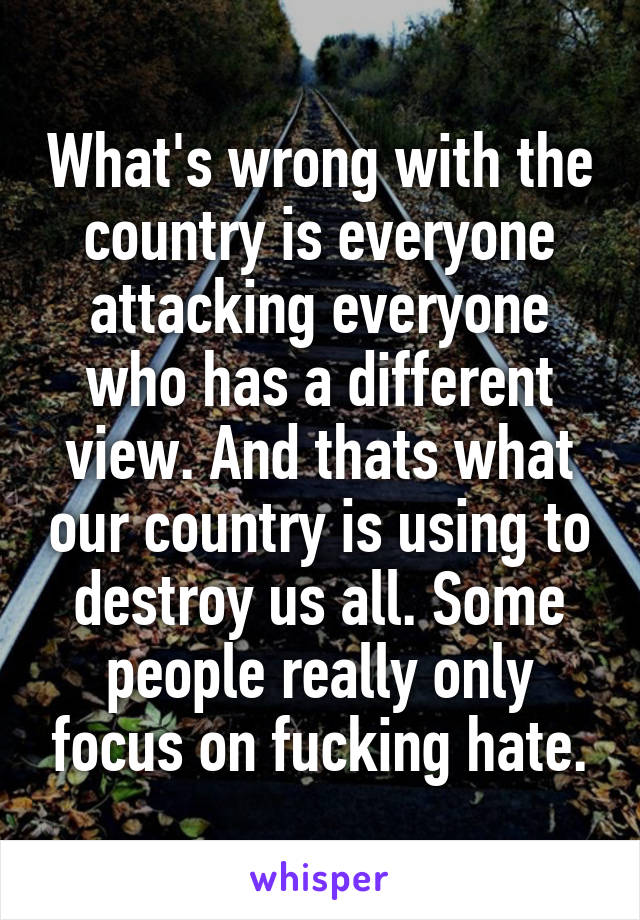 What's wrong with the country is everyone attacking everyone who has a different view. And thats what our country is using to destroy us all. Some people really only focus on fucking hate.