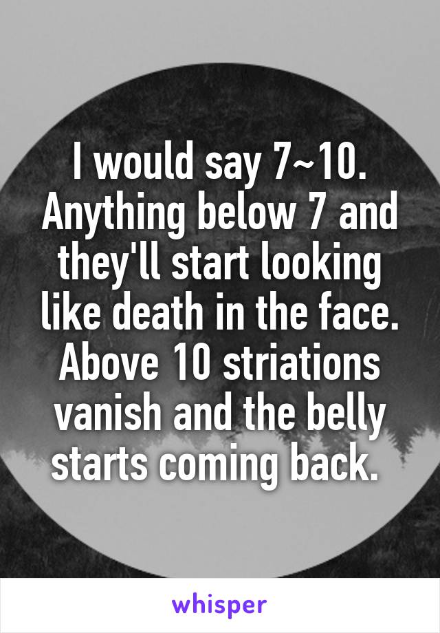 I would say 7~10. Anything below 7 and they'll start looking like death in the face. Above 10 striations vanish and the belly starts coming back. 