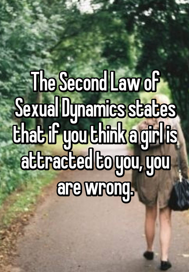 The Second Law of Sexual Dynamics states that if you think a girl is attracted to you, you are wrong.