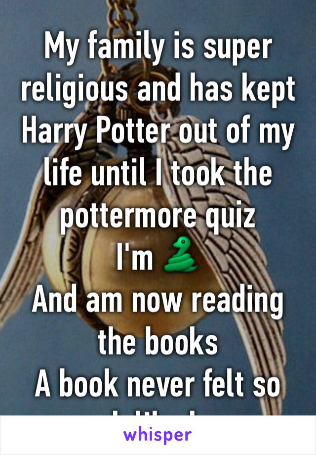 My family is super religious and has kept Harry Potter out of my life until I took the pottermore quiz
I'm 🐍
And am now reading the books
A book never felt so much like home