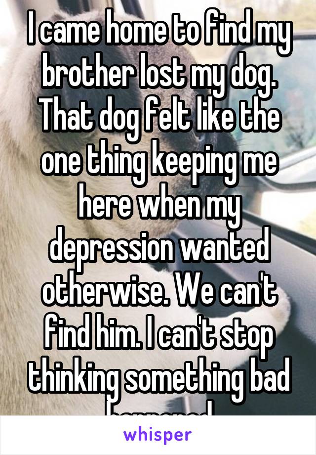 I came home to find my brother lost my dog. That dog felt like the one thing keeping me here when my depression wanted otherwise. We can't find him. I can't stop thinking something bad happened