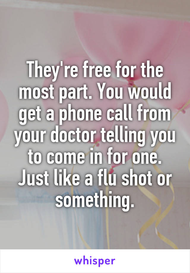 They're free for the most part. You would get a phone call from your doctor telling you to come in for one. Just like a flu shot or something.
