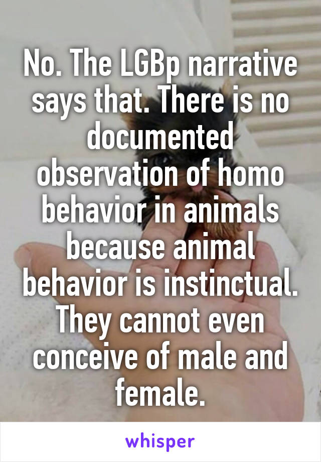 No. The LGBp narrative says that. There is no documented observation of homo behavior in animals because animal behavior is instinctual. They cannot even conceive of male and female.