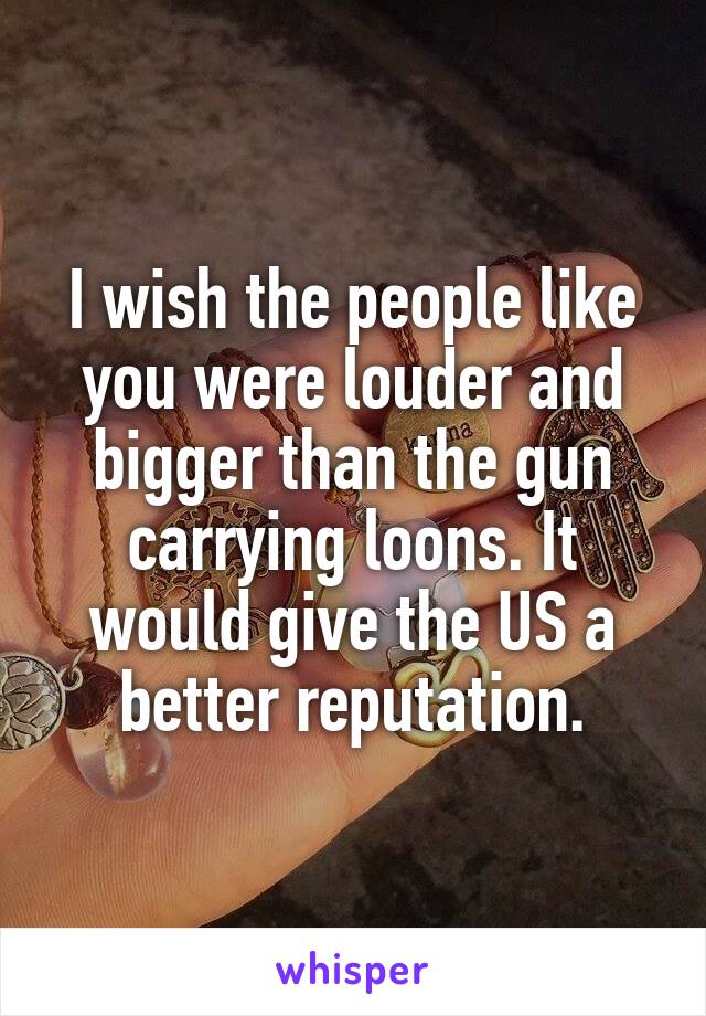 I wish the people like you were louder and bigger than the gun carrying loons. It would give the US a better reputation.