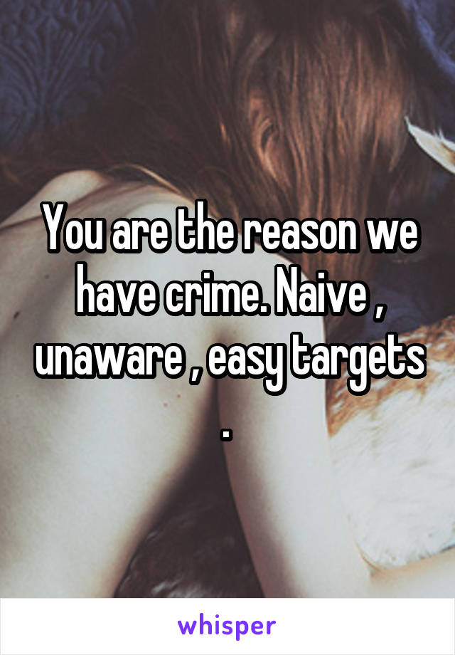 You are the reason we have crime. Naive , unaware , easy targets . 