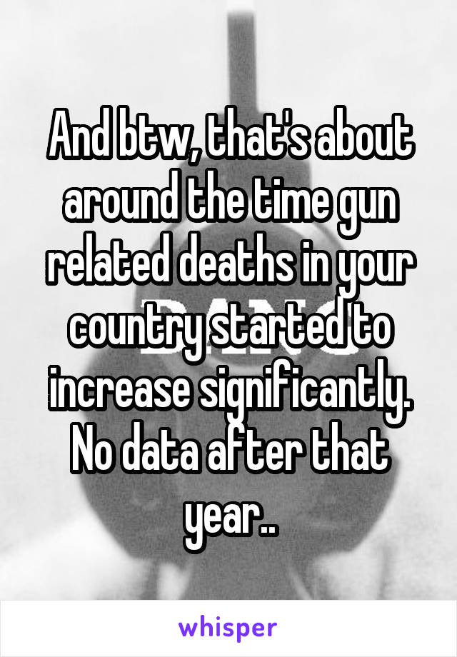 And btw, that's about around the time gun related deaths in your country started to increase significantly. No data after that year..