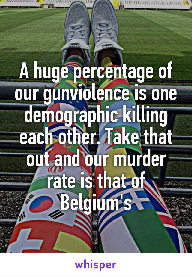 A huge percentage of our gunviolence is one demographic killing each other. Take that out and our murder rate is that of Belgium's