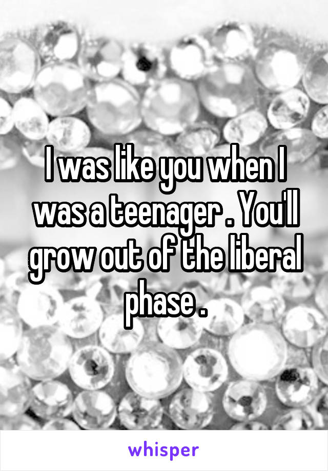 I was like you when I was a teenager . You'll grow out of the liberal phase .