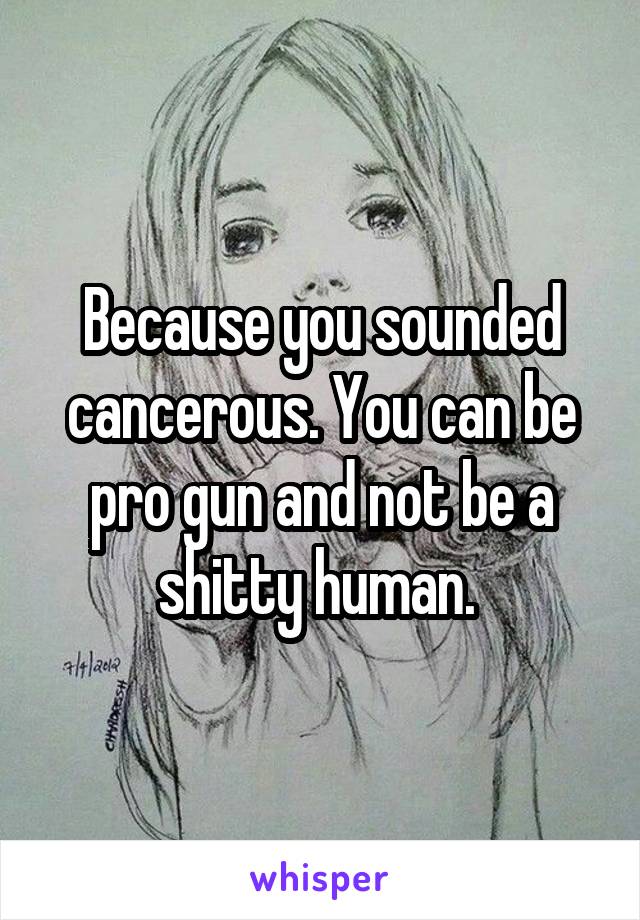 Because you sounded cancerous. You can be pro gun and not be a shitty human. 