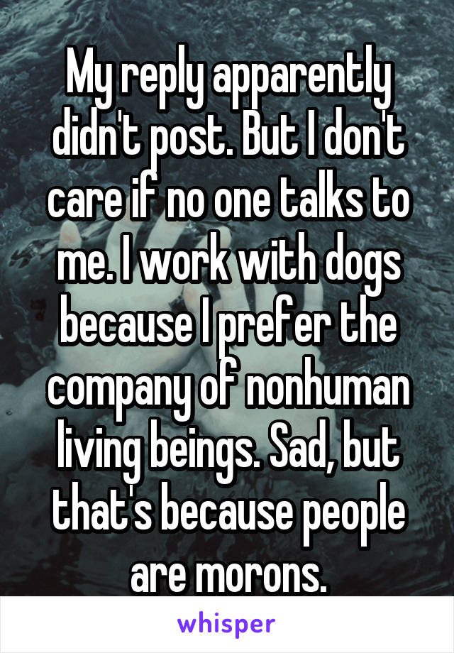 My reply apparently didn't post. But I don't care if no one talks to me. I work with dogs because I prefer the company of nonhuman living beings. Sad, but that's because people are morons.