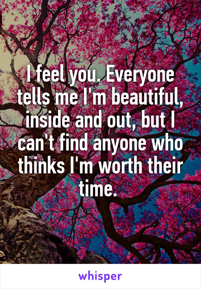 I feel you. Everyone tells me I'm beautiful, inside and out, but I can't find anyone who thinks I'm worth their time. 
