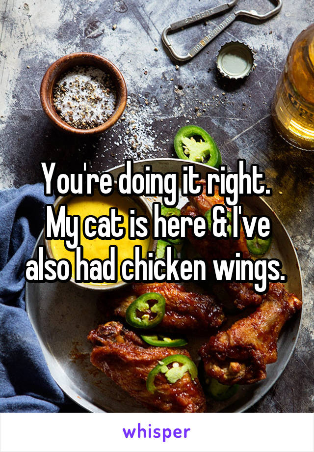 You're doing it right. 
My cat is here & I've also had chicken wings. 