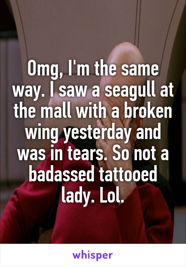 Omg, I'm the same way. I saw a seagull at the mall with a broken wing yesterday and was in tears. So not a badassed tattooed lady. Lol.