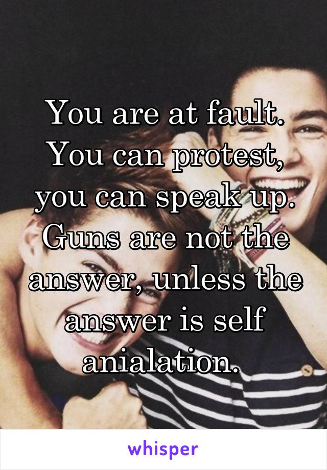 You are at fault. You can protest, you can speak up. Guns are not the answer, unless the answer is self anialation. 