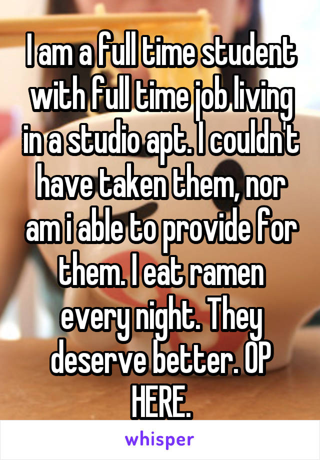 I am a full time student with full time job living in a studio apt. I couldn't have taken them, nor am i able to provide for them. I eat ramen every night. They deserve better. OP HERE.