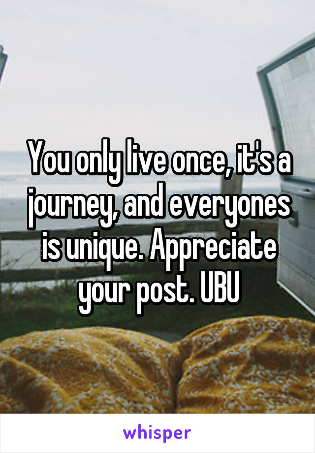 You only live once, it's a journey, and everyones is unique. Appreciate your post. UBU