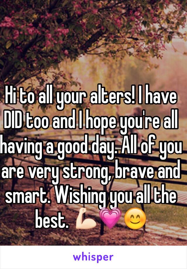 Hi to all your alters! I have DID too and I hope you're all having a good day. All of you are very strong, brave and smart. Wishing you all the best. 💪🏻💗😊