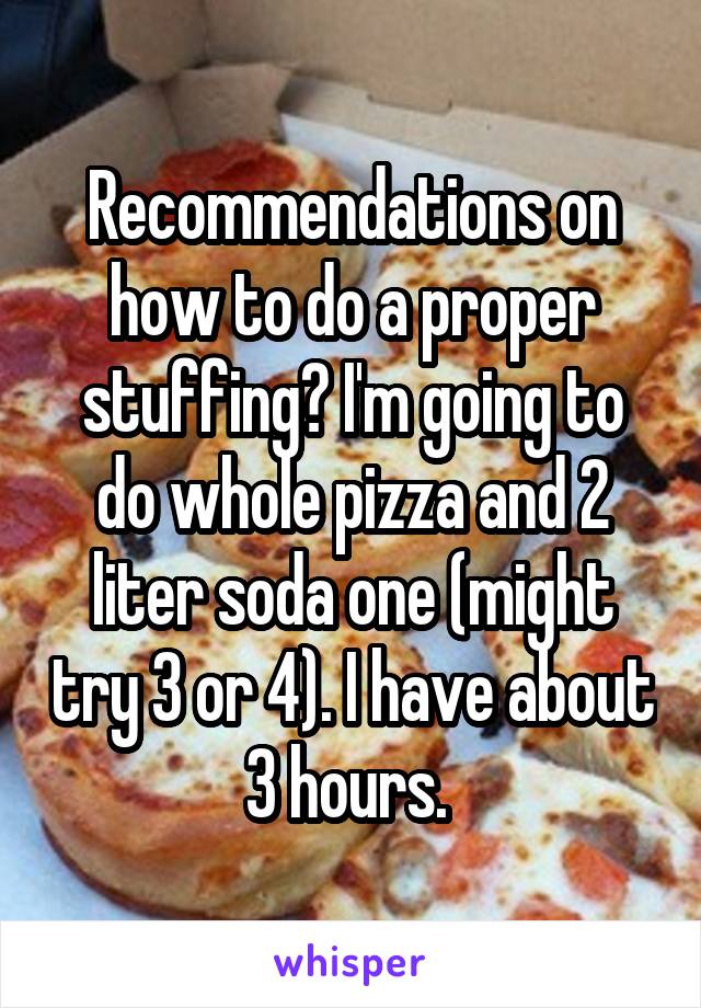 Recommendations on how to do a proper stuffing? I'm going to do whole pizza and 2 liter soda one (might try 3 or 4). I have about 3 hours. 