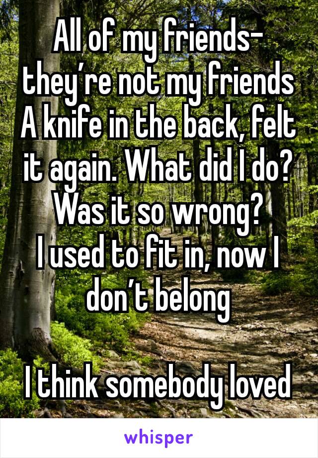 All of my friends- they’re not my friends
A knife in the back, felt it again. What did I do? Was it so wrong?
I used to fit in, now I don’t belong

I think somebody loved me once