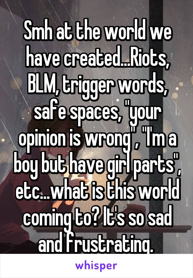 Smh at the world we have created...Riots, BLM, trigger words, safe spaces, "your opinion is wrong", "I'm a boy but have girl parts", etc...what is this world coming to? It's so sad and frustrating. 