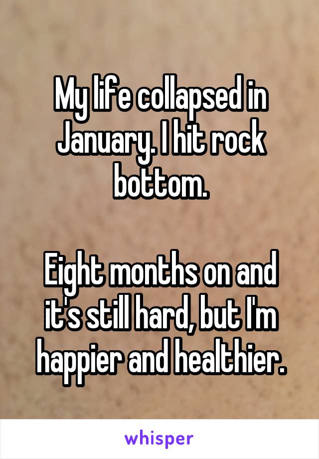My life collapsed in January. I hit rock bottom.

Eight months on and it's still hard, but I'm happier and healthier.