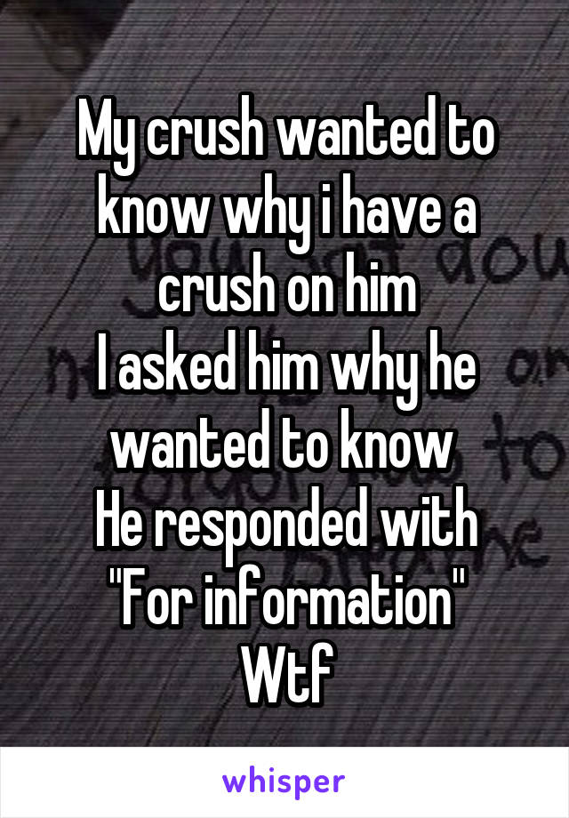 My crush wanted to know why i have a crush on him
I asked him why he wanted to know 
He responded with
"For information"
Wtf