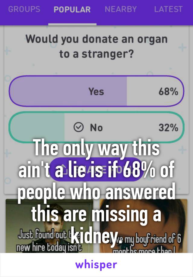 




The only way this ain't a lie is if 68% of people who answered this are missing a kidney.