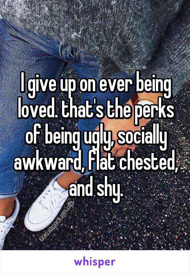 I give up on ever being loved. that's the perks of being ugly, socially awkward, flat chested, and shy.