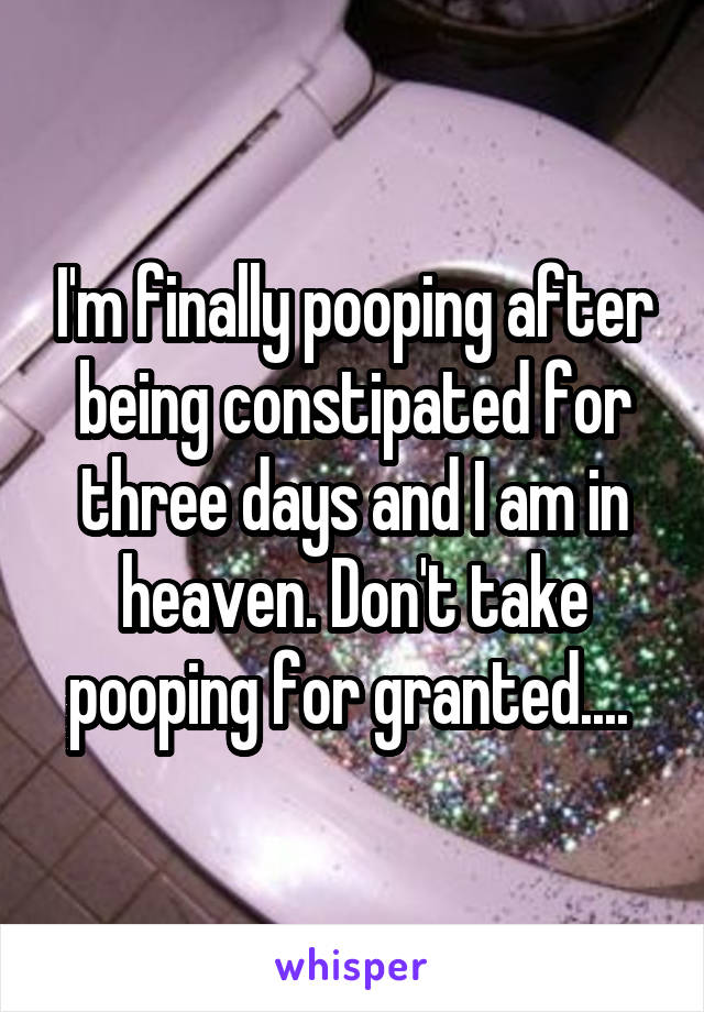 I'm finally pooping after being constipated for three days and I am in heaven. Don't take pooping for granted.... 