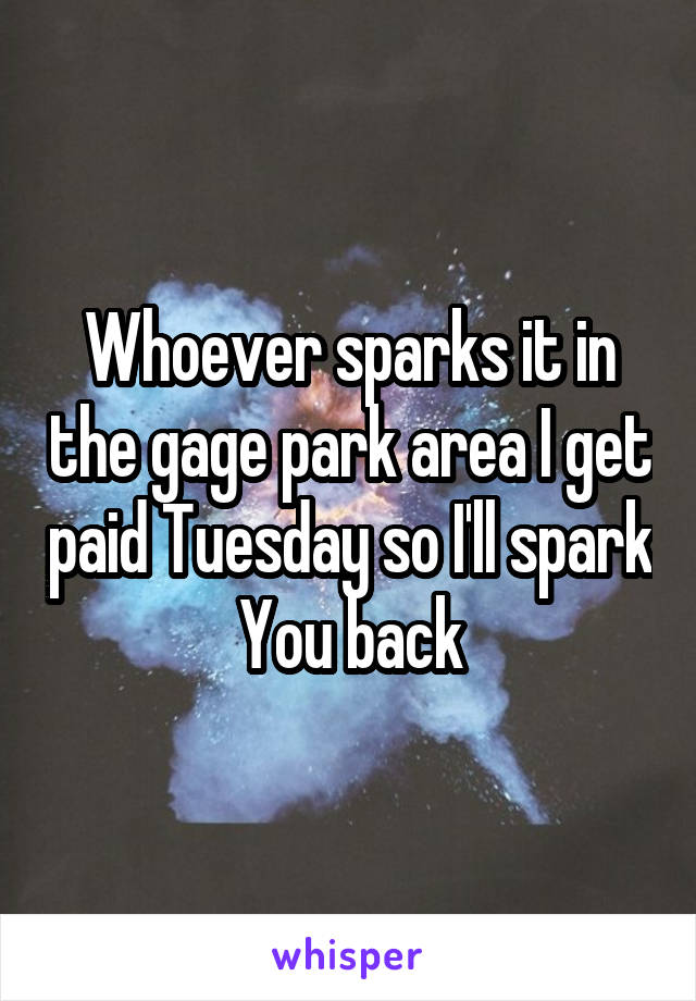 Whoever sparks it in the gage park area I get paid Tuesday so I'll spark You back