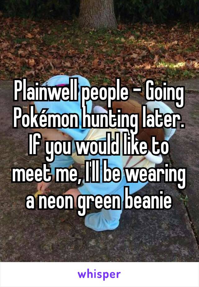 Plainwell people - Going Pokémon hunting later. If you would like to meet me, I'll be wearing a neon green beanie