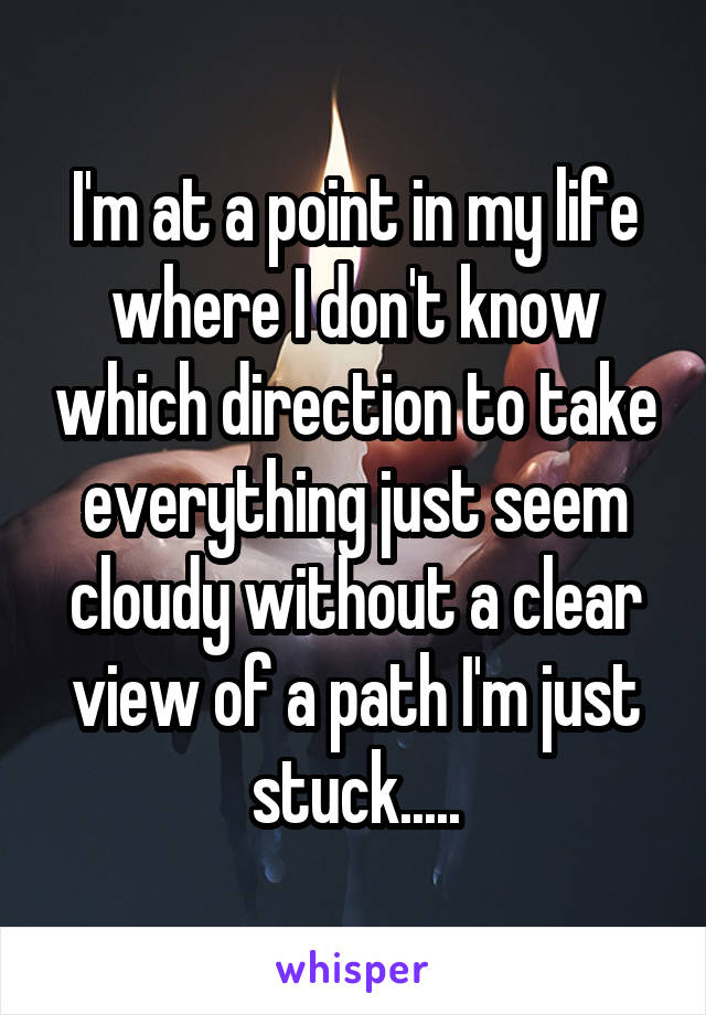 I'm at a point in my life where I don't know which direction to take everything just seem cloudy without a clear view of a path I'm just stuck.....