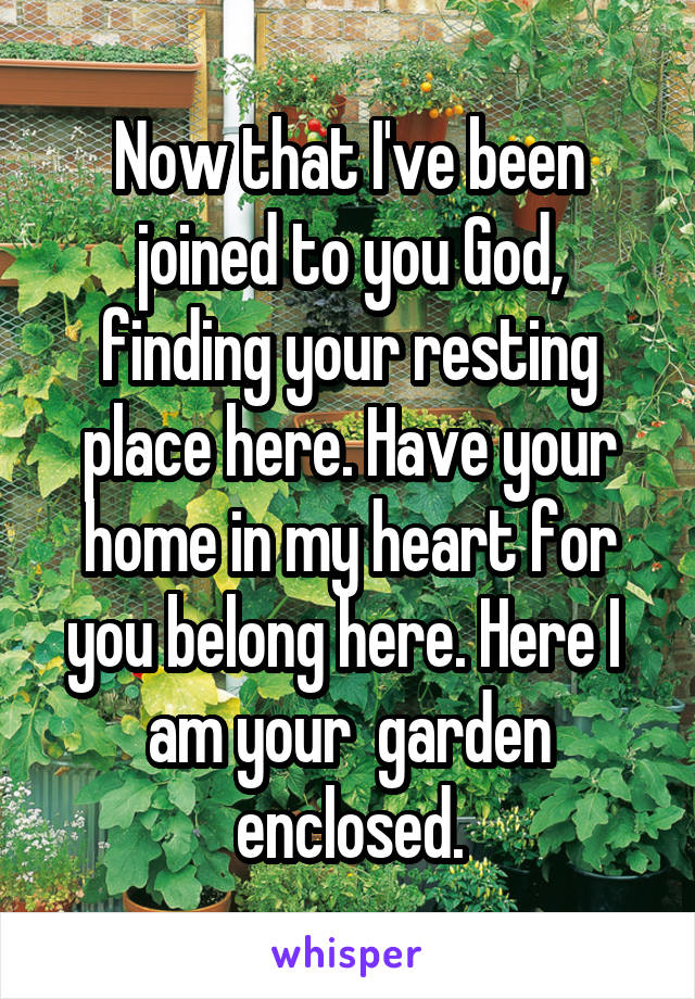 Now that I've been joined to you God, finding your resting place here. Have your home in my heart for you belong here. Here I  am your  garden enclosed.