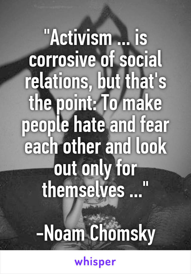 "Activism ... is corrosive of social relations, but that's the point: To make people hate and fear each other and look out only for themselves ..."

-Noam Chomsky