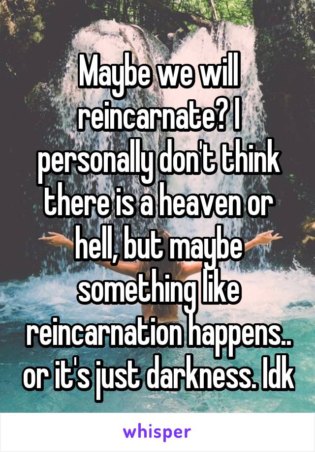 Maybe we will reincarnate? I personally don't think there is a heaven or hell, but maybe something like reincarnation happens.. or it's just darkness. Idk
