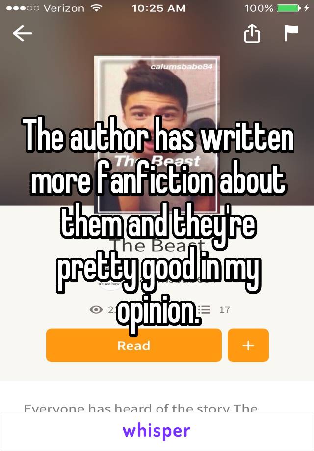 The author has written more fanfiction about them and they're pretty good in my opinion.