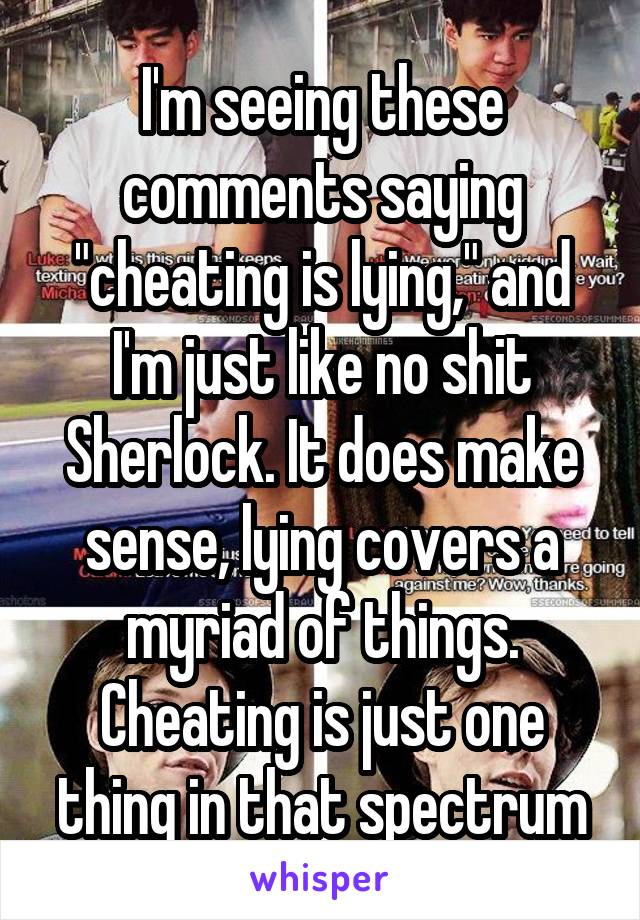 I'm seeing these comments saying "cheating is lying," and I'm just like no shit Sherlock. It does make sense, lying covers a myriad of things. Cheating is just one thing in that spectrum