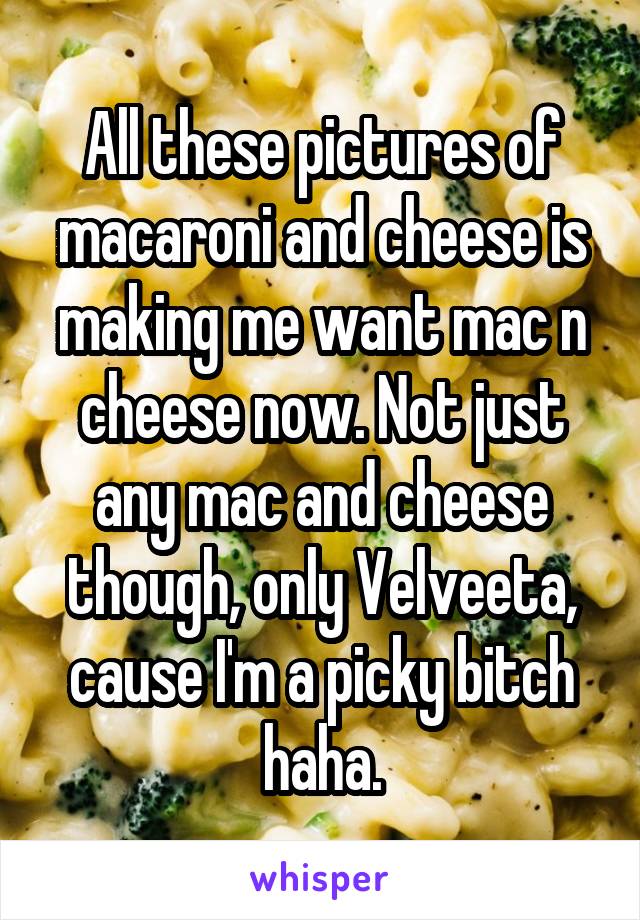 All these pictures of macaroni and cheese is making me want mac n cheese now. Not just any mac and cheese though, only Velveeta, cause I'm a picky bitch haha.