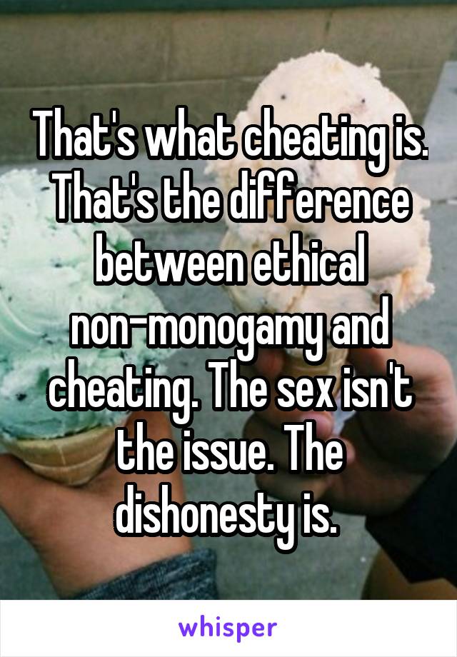 That's what cheating is. That's the difference between ethical non-monogamy and cheating. The sex isn't the issue. The dishonesty is. 